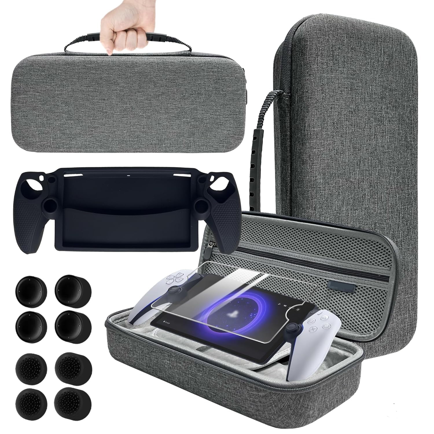 Genérico - Juego De Accesorios Para Playstation Portal, Adecuado Para Ps Portal Y Protector De Pantalla De Cristal Templado Inastillable Funda De Transporte, 8 Tapas Para Los Pulgares-gris