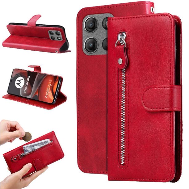 Funda tipo cartera para Motorola Moto G15 con bolsillo con cremallera y ranuras para tarjetas – Función de soporte Rojo
