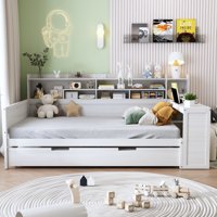 M&Ms - Wooden Full Size Daybed With Storage Shelves, Multi-Functional Bed With Twin Size Trundle Bed And Study Desk, Antique White