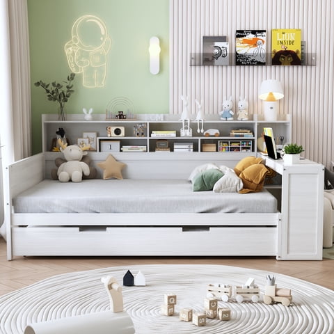 M&Ms - Wooden Full Size Daybed With Storage Shelves, Multi-Functional Bed With Twin Size Trundle Bed And Study Desk, Antique White