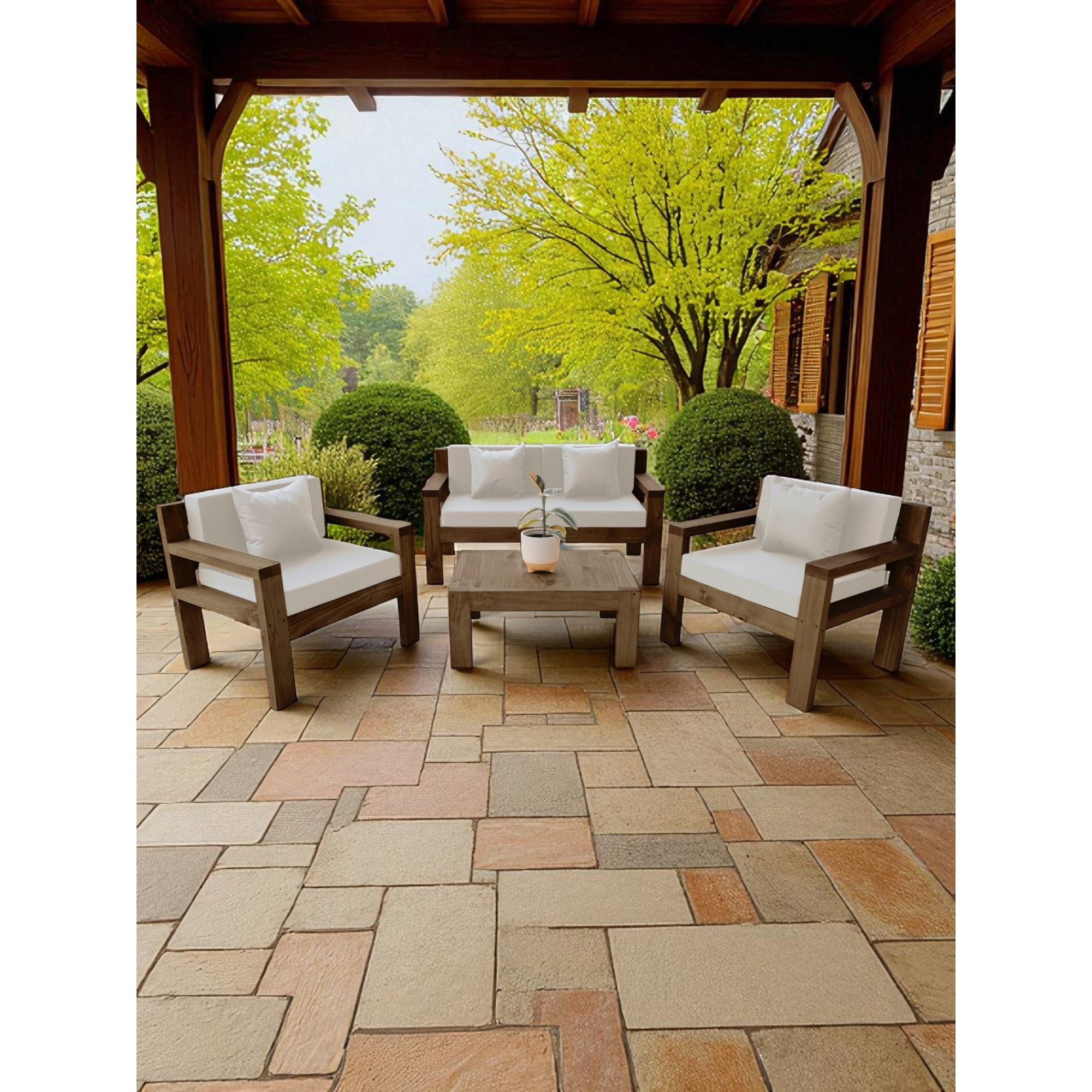 Miaruste - Terraza Rústica Modelo Ambar 4 Cuerpos Color Madera Roble Cojinería Crudo