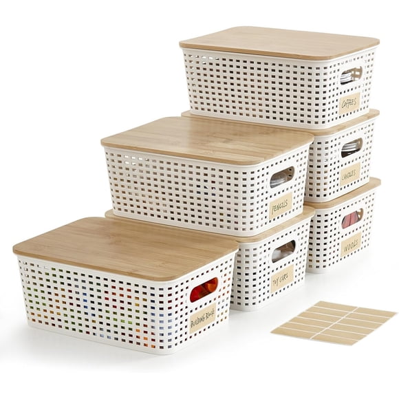 Contenedores plásticos Bagnizer de 5.2 qt con tapa de bambú, set de 6