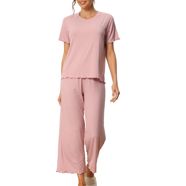 Conjunto de Pijama Acanalado de Mujer INSPIRE CHIC Manga Corta Modal con Puños de Volantes y Pantalones de Descanso Suaves M Rosa