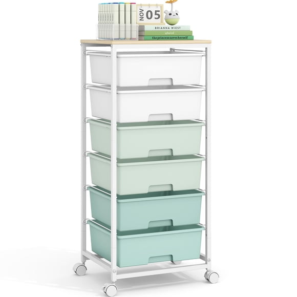 Carro organizador APEXCHASER de 6 cajones con tapa de madera, verde