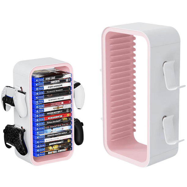 15.8 In Game Storage Tower Compatible With PS5/ Xbox Series S & X/ Switch, Universal Video Game Disc Organizer 18 In 1 With 4 Controller Brackets, Game Disk Box Bracket-Blanco/Rosa
