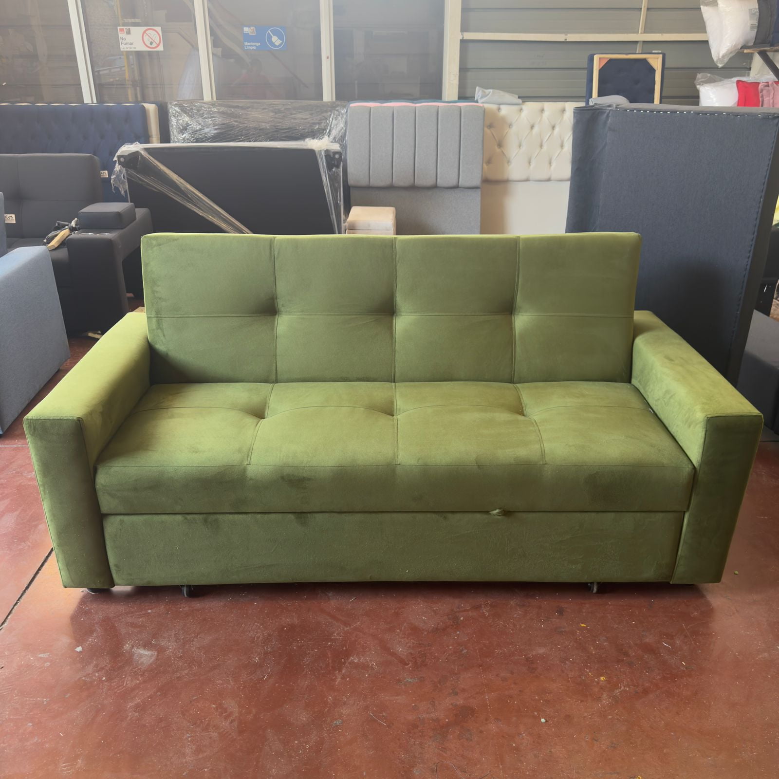 Camila Home - Sofá Cama Verde Musgo Supreme 3 Plazas Felpa Con Puffs Y Respaldo Reclinable