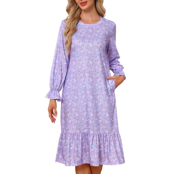 INSPIRE CHIC Vestido de dormir de manga larga con flores para mujer, camisón suave midi con acentos de volantes y cuello redondo 2XL púrpura