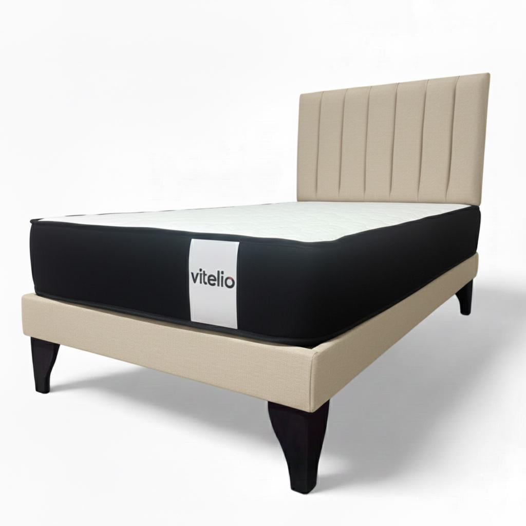 Vitelio - Cama 1 Plaza Beige+ Colchon 22 Grosor Cm