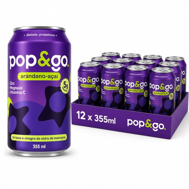 Pop&Go Bebida Prebiótica Arándano y Açaí Pack 12 Latas x 355 ml – Baja en Azúcar, Vinagre de Manzana, Fibra de Inulina, Antioxidantes, Vitamina C y Zinc – Vegana y Sin Gluten