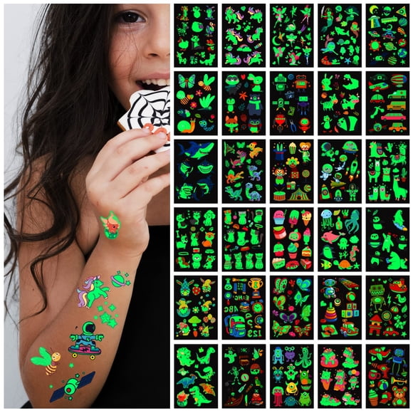 Tatuajes temporales luminosos AWINMAY para niños, 30 hojas, 400 piezas