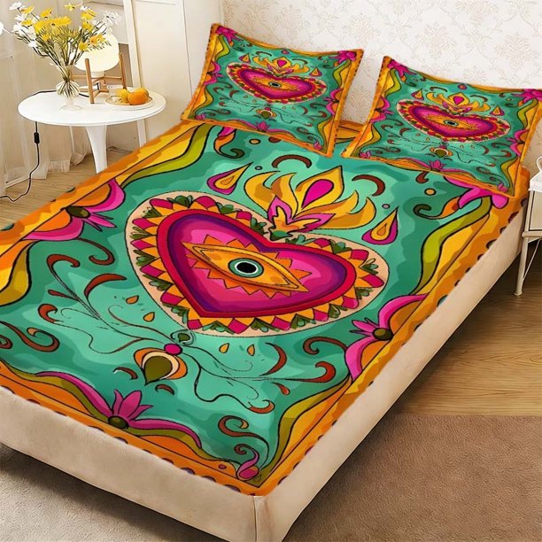Folk Love Eyes Duvet Cover Set - Fitted Sheet and Pillowcase Set Soft and Breathable for All Seasons Essential for Bedroom or Dorm Decor Perfect Gift for Valent