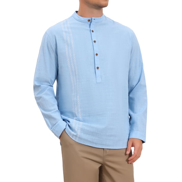 INSPIRE CHIC Camisa de Lino para Hombre con Patrón Henley de Manga Larga para la Playa S Azul