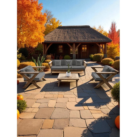 Terraza Rústica Modelo Equis 5 Cuerpos Madera Color Roble Cojinería Gris Oscuro