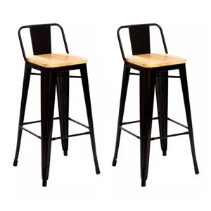 Global Latin Group - Pack 2 Taburete Metálico Con Asiento De Madera Ideal Para Barra Negro