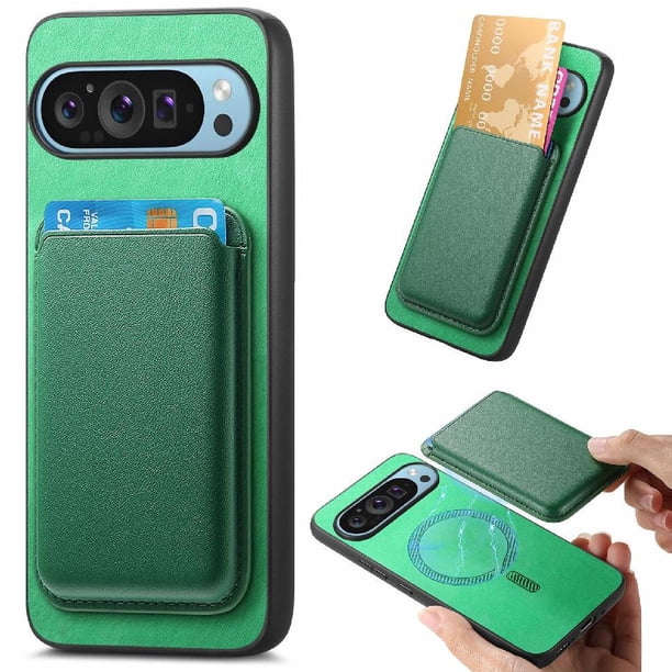 Funda de Cuero Magnética con Tarjetero para Google Pixel 9 Pro Cubierta Delgada Verde