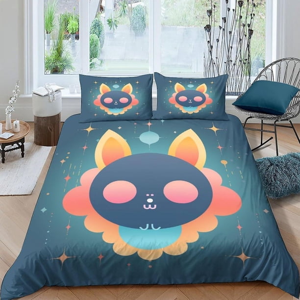 Juego de 3 piezas de microfibra con estampado de gato de dibujos animados: funda nórdica y funda de almohada. Ropa de cama con estampado digital 3D. Ideal para cama individual, diván o cama
