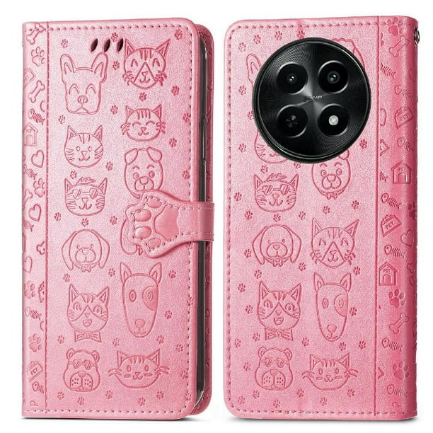 Funda Cartera FOXDOCK para Realme 12 , Flip PU con Relieve de Gatos y Perros, Tarjetero y Soporte