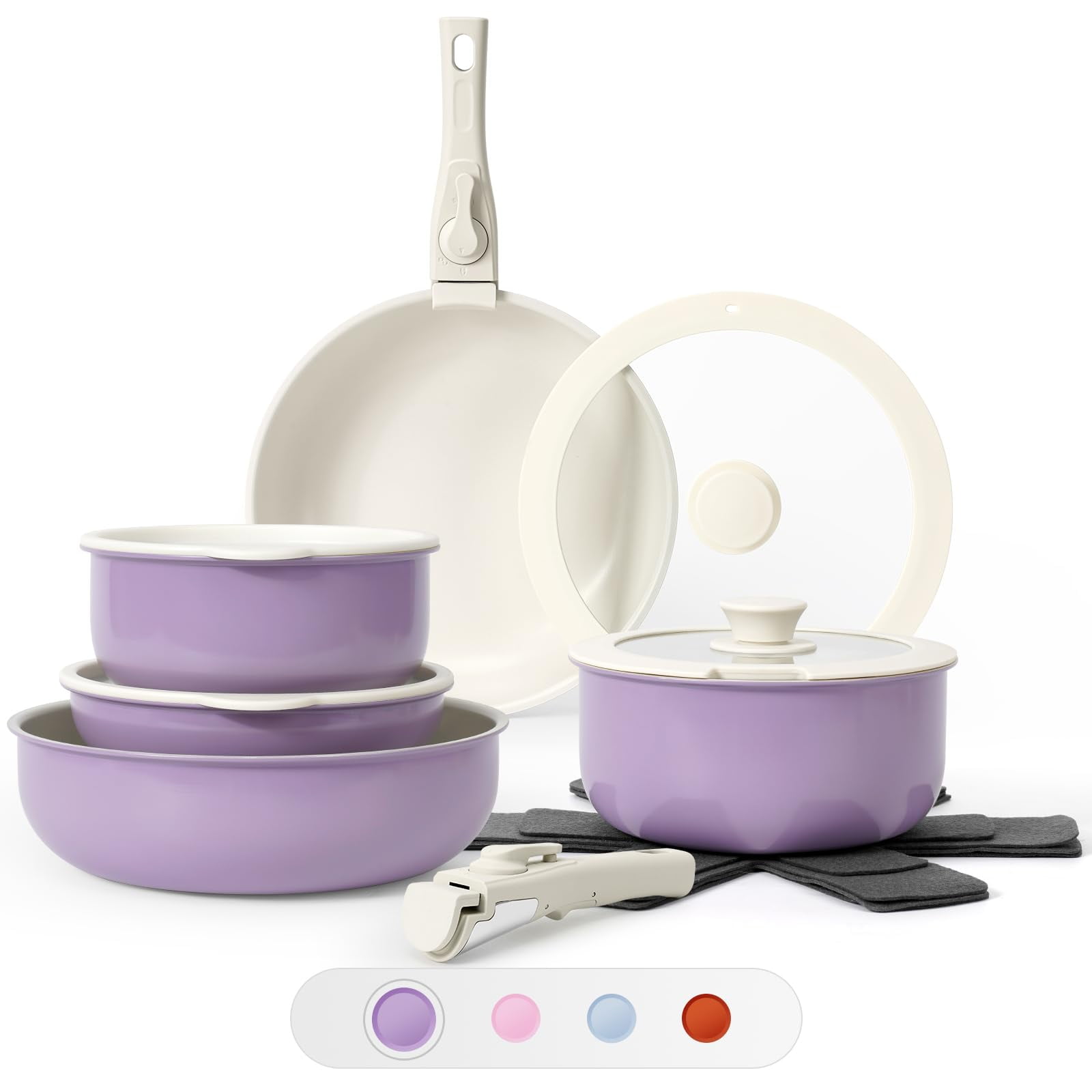 Juego De Utensilios De Cocina Soday, 15 Unidades, Antiadherentes Con Mango Desmontable, Color Morado