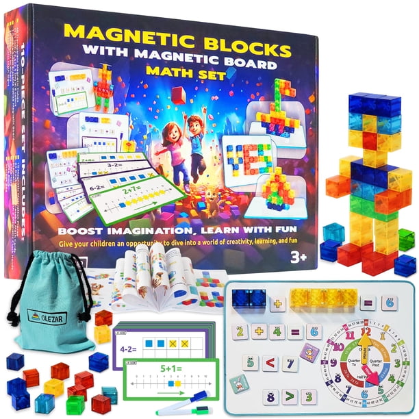 Juego de bloques magnéticos OLEZAR de 40 piezas con tablero y kit de matemáticas para niños de 4 a 8 años