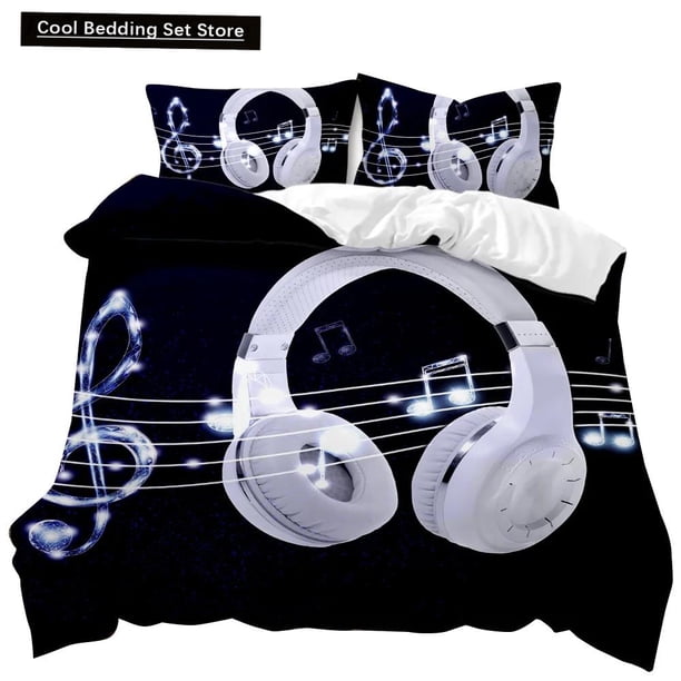 Headphones Duvet Cover Rock Music Melody Note Bedding Set Cool White Headset Boys Double Size Polyester Qulit Cover Bed Sheets