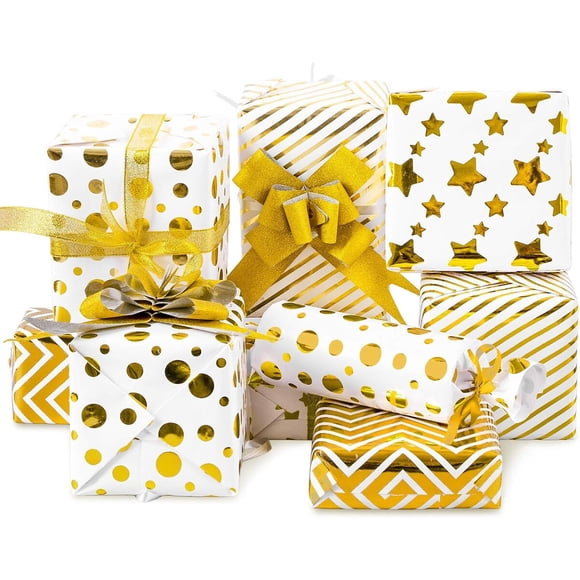 Whaline Gold Star Stripe Wrapping Paper, 8 Sheets, Gold and White