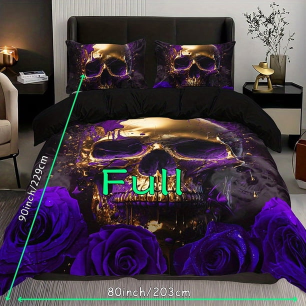 3pcs Soft and Breathable Purple Rose Skull Pattern Duvet Cover Set for Bedroom, Guest Room, and Dorm Decor - Includes 1 Duvet Cover and 2 Pillowcases (Core Not Included)