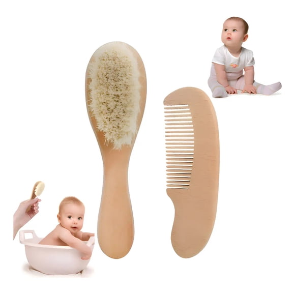 Kit De 2 Cepillos De Madera De Cerdas Suaves Para Bebé Tal Y Como Se Muestra En La Imagen.