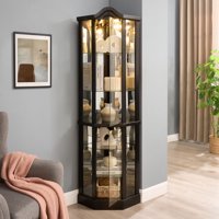 M&Ms - Lighted Glass Display Cabinet Corner Curio Cabinet With Adjustable Shelves Carved Cherry Decoration Wine Cabinet Perfect For Home Or Office Use-Black