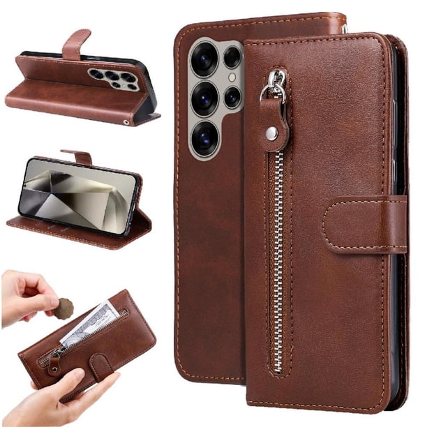 Funda tipo cartera para Samsung Galaxy S25 Ultra con bolsillo con cremallera y ranuras para tarjetas – Función de soporte Marrón