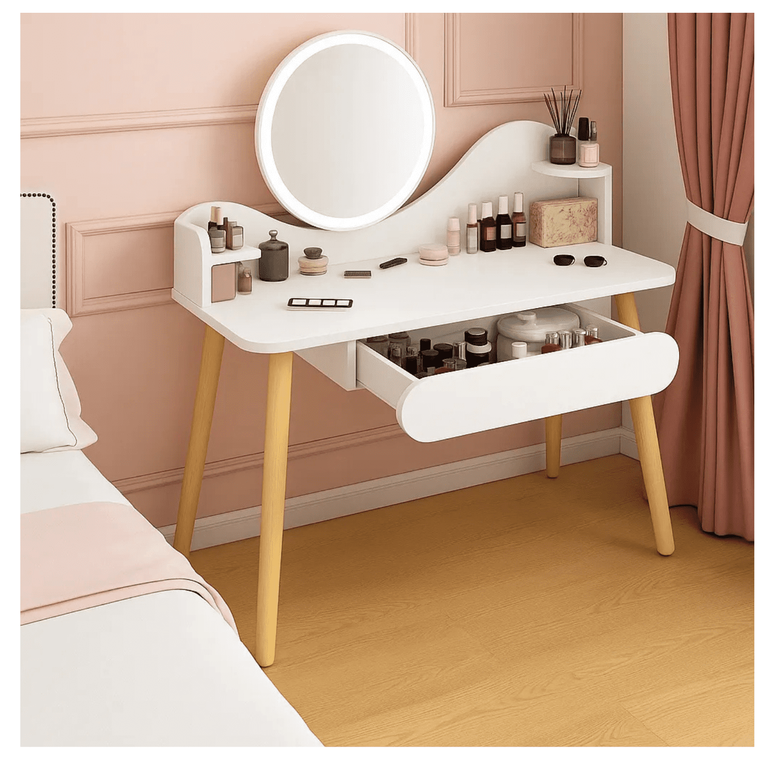 Genérico - Tocador De Madera Con Espejo Y Taburete 80x40x122 Blanco Con Beige
