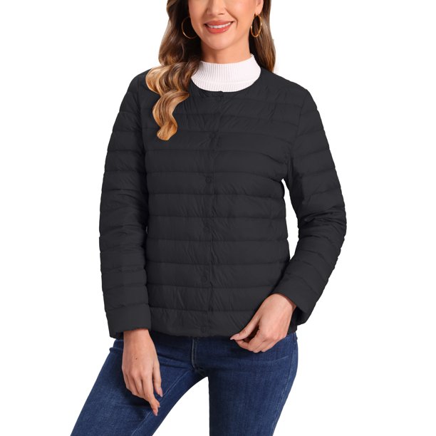 INSPIRE CHIC Chaqueta Acolchada para Mujer Ligera con Botones Abajo, Abrigo de Manga Larga Empacable, Talla L, Negro