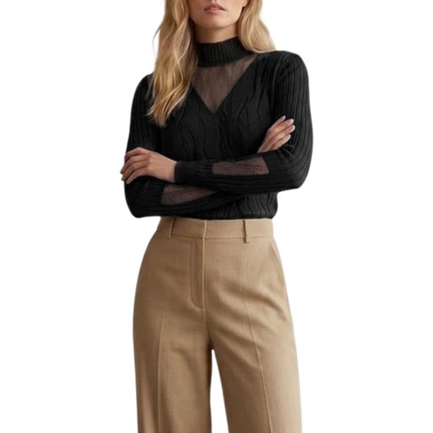 INSPIRE CHIC Top de Punto de Terciopelo para Mujer con Manga Larga y Cuello Simulado de Encaje Suéter de Punto Grande Negro