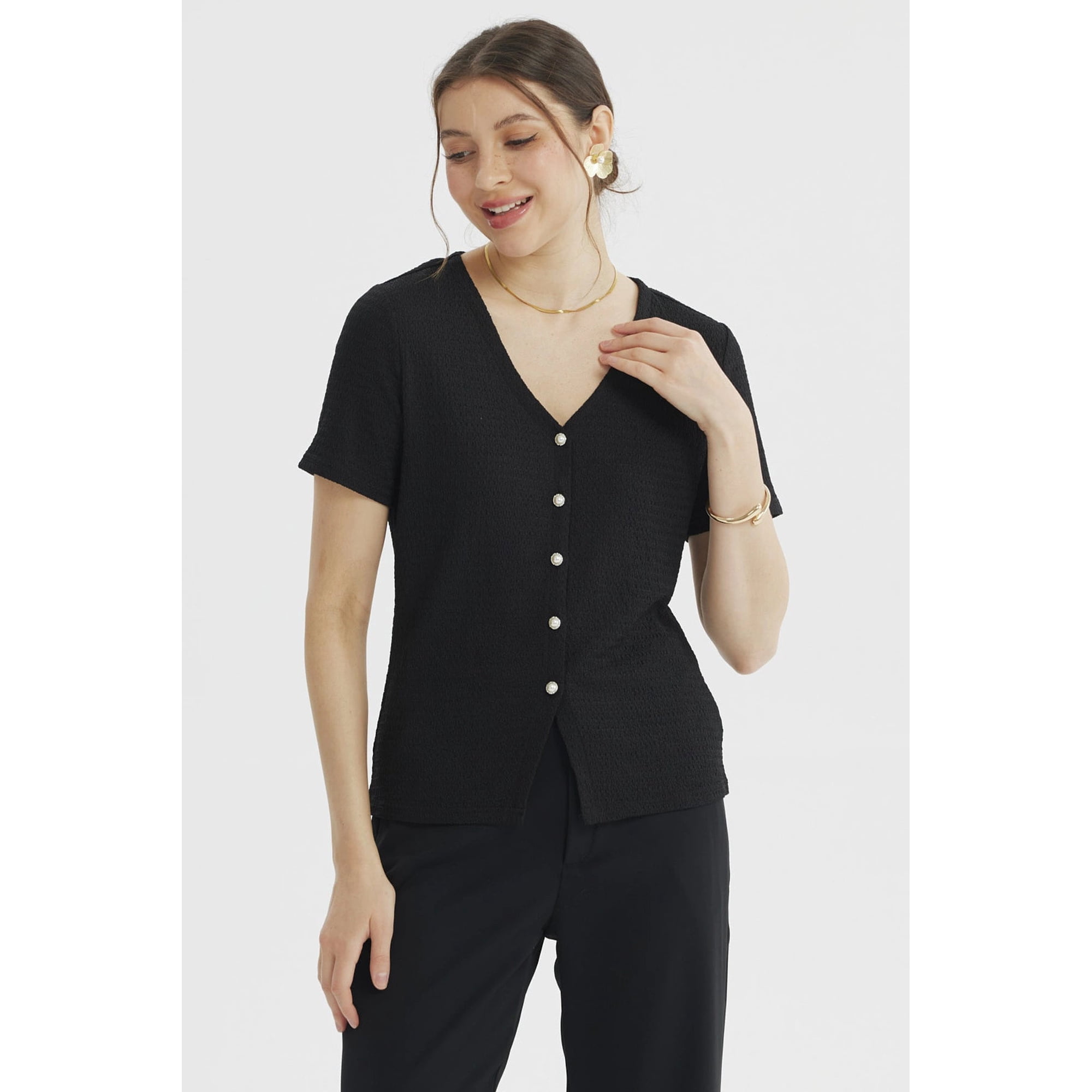 Fashionspark - Polera Mujer Botones Perlas Negro