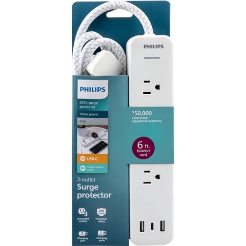 Regleta De Alimentación Con Protector Contra Sobretensiones Philips Ezfit De 3 Salidas, Color Blanco
