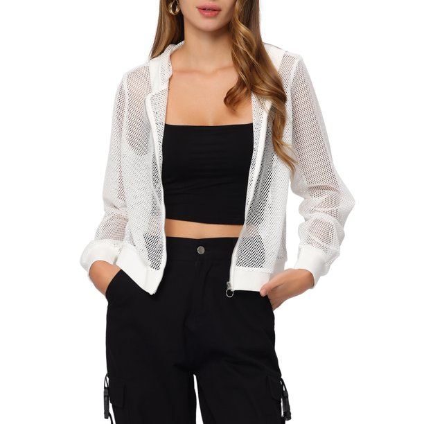 INSPIRE CHIC Chaqueta con puños acanalados para mujer, sudadera con capucha, chaqueta bomber de malla, talla L, color blanco