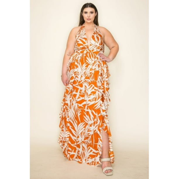 Vestido Largo Con Cuello Halter Estampado De Satén Arrugado Volantes Fruncido En La Cintura Y Abertura Frontal Color Coñac (talla Grande Para Mujer)