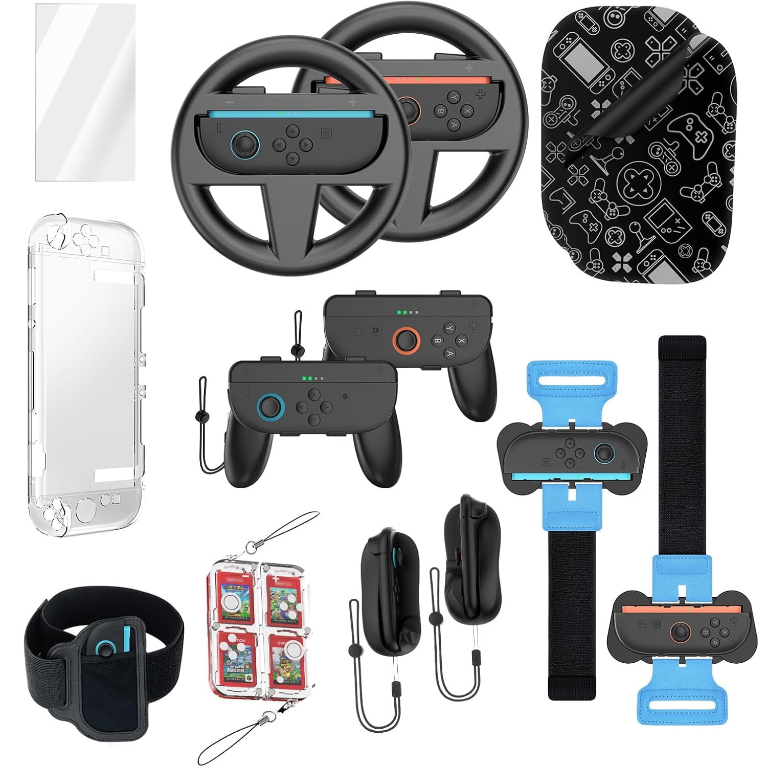 Genérico - Set De Deporte 14 En 1 Compatible Con Nintendo Switch 2 - Volante, Agarres, Pulseras, Mouse, Funda De Cristal Y Protector De Pantalla De Vidrio Templado