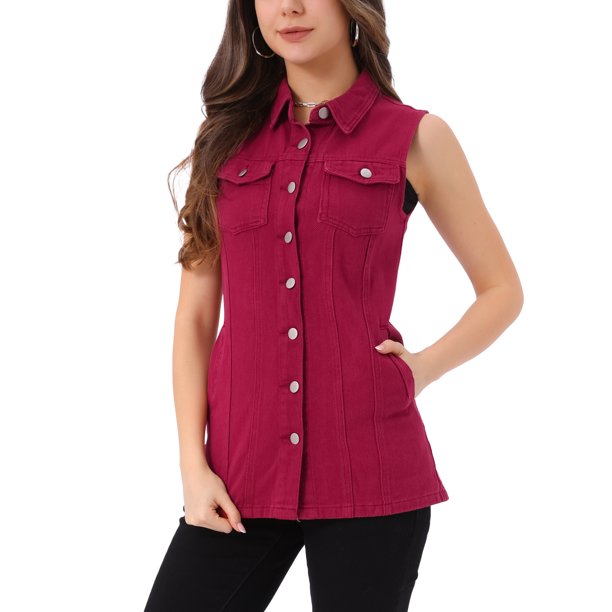 INSPIRE CHIC Chaleco de Mezclilla para Mujer sin Mangas con Botones de Largo Medio Chaleco Casual de Jean Rojo Oscuro S