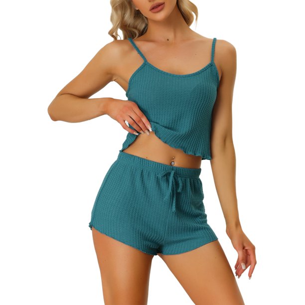 INSPIRE CHIC Conjunto de Pijama de Punto para Mujer Regreso a Clases Camiseta de Tirantes Finos y Pantalones Cortos con Decoración de Lazo para Primavera Verano L Verde Lago