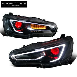 Ecp-Autoteile Fit For 08-17 Lancer/Evo X Cj Cf Evolution Red Devil Eye Halo Projector Led Headlight A5 Style Blacked Out/Smoked