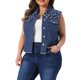 thumbnail image 4 of Chaleco de mezclilla recortado sin mangas con botones de perlas bordados y desgastados para mujer de talla grande de Agnes Orinda, chaqueta de chaleco casual con decoración de bolsillo 2X azul, 4 of 6