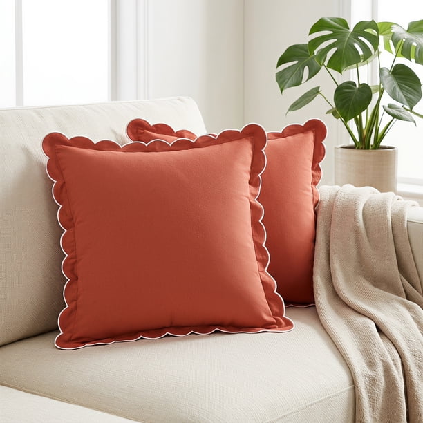 Funda de cojín de algodón REGALWOVEN, juego de fundas de cojín, diseños de borde ondulado con escamas, decoración moderna para el hogar 2 piezas naranja 18" x 18"