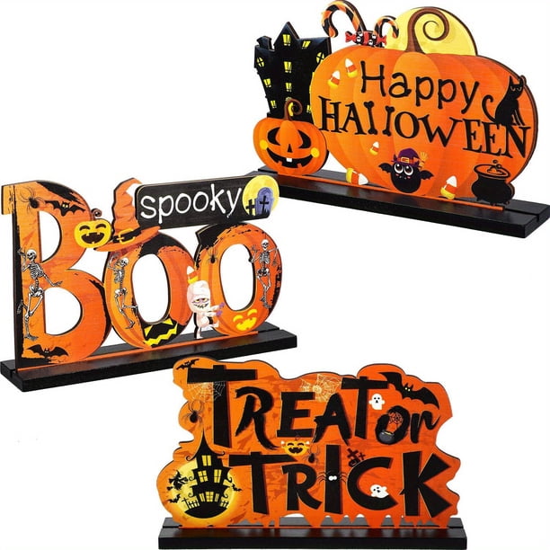 3Pcs/Set Halloween Table Decorations, Pumpkin Table Centerpieces Boo Sign Wooden Candy Day For Halloween Party Dinner Coffee Room Table Topper Tier Tray Decor,room Decor
