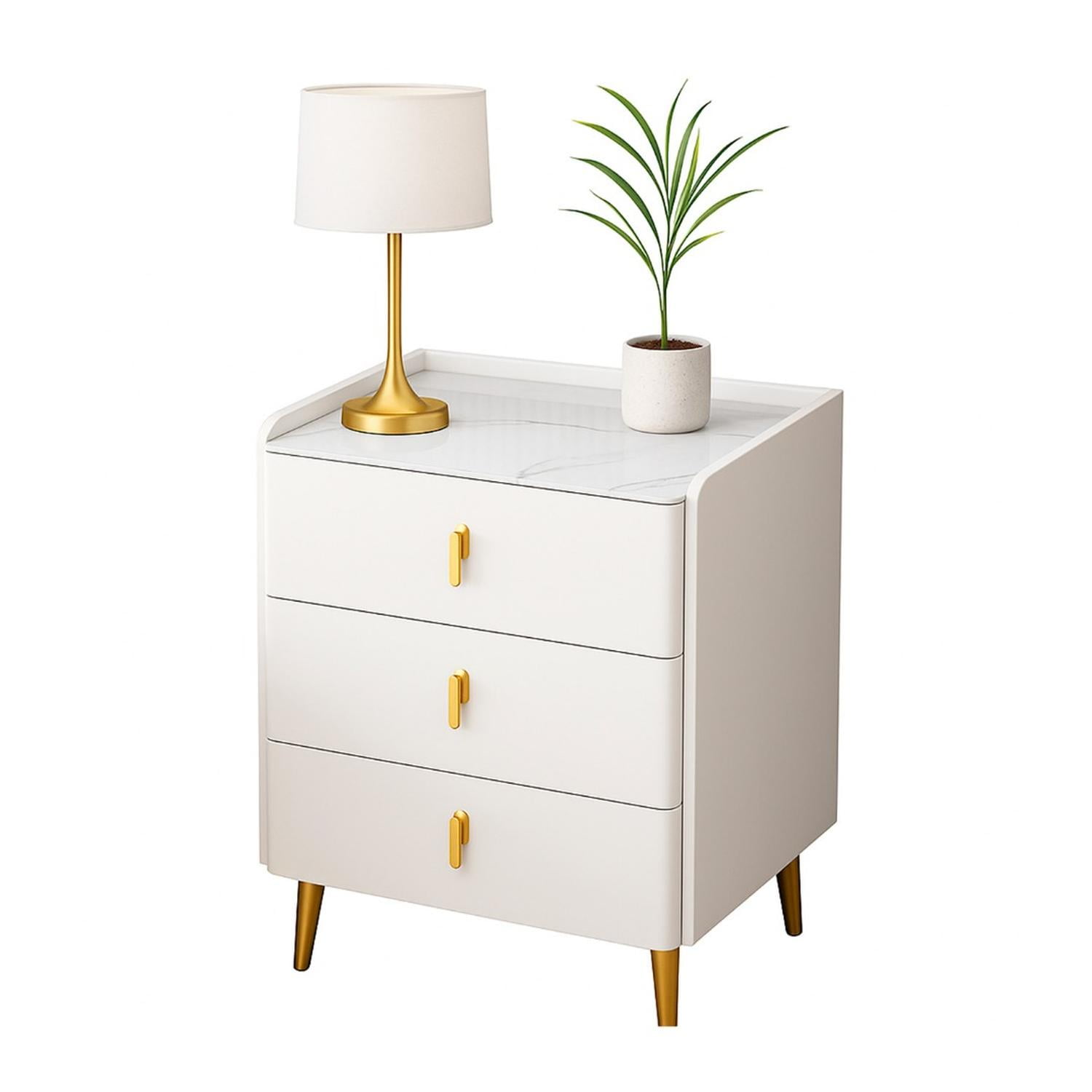 Global Latin Group - Velador 3 Cajones Con Patas Doradas Y Cubierta Tipo Mármol