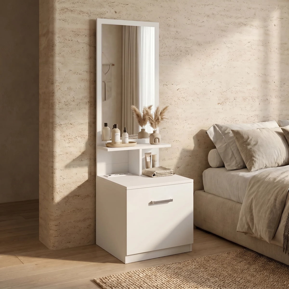 Homer Design - Velador Con Espejo Repisa Y Cajon Grande 170cm Con Enchufe Mate Blanco