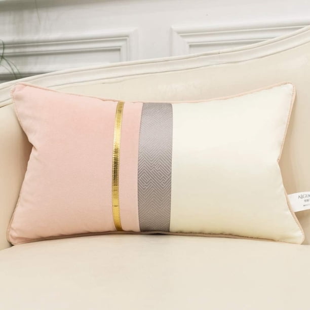 Funda de cojín de terciopelo con diseño de rayas de cuero azul marino, blanco y dorado, con diseño de patchwork, moderna y lujosa, para sofá, sala de estar, dormitorio y coche.