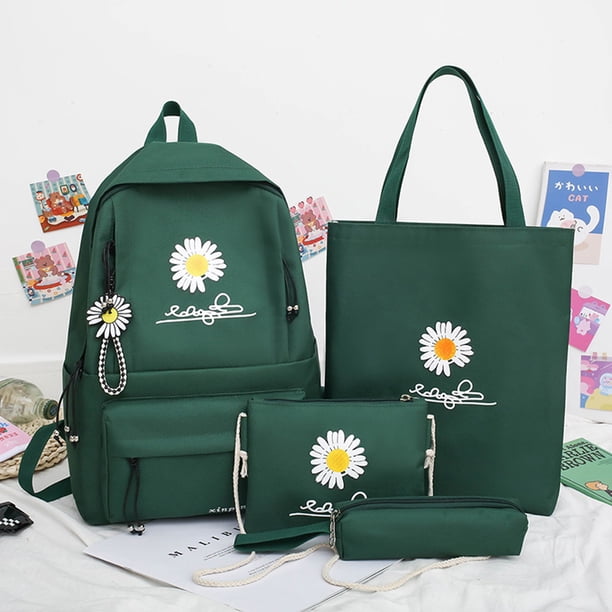4pcs/Set Preppy Style Daisy Print Backpacks Canvas School Rucksack Teenager Girls Travel Mochila Shoulder Bags Students Clutches