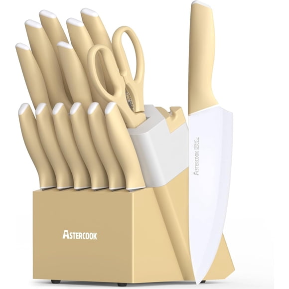 Astercook Kitchen Knife Set with Block and Sharpener, 15 Pieces