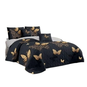Genérico - Cubrecama Quilt Verano King - Negro Mariposas Doradas Kfl090