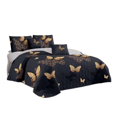 Genérico - Cubrecama Quilt Verano King - Negro Mariposas Doradas Kfl090